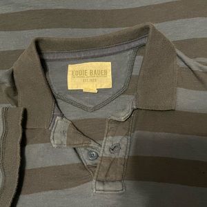 EDDIE BAUER CLASSIC COTTON SLUB NAVY BLUE BLOCK STRIPED POLO MEN SMALL